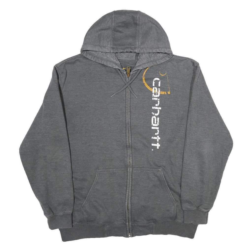 CARHARTT Mens Grey Full Zip Hoodie L Vertical Logo Cotton Blend Casual Workwear