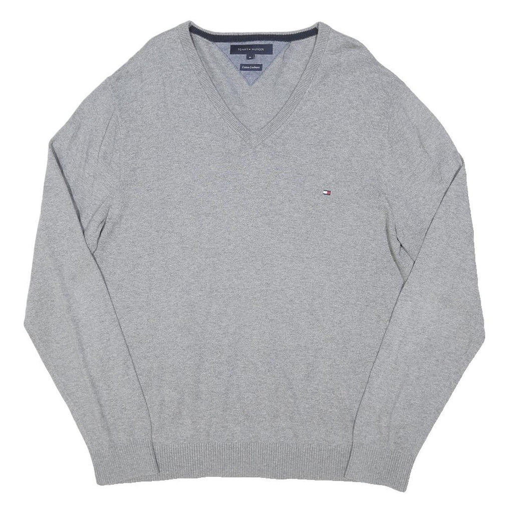 TOMMY HILFIGER Mens Grey Plain V-Neck Basic Knit Jumper XL Cotton Blend Casual