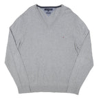 TOMMY HILFIGER Mens Grey Plain V-Neck Basic Knit Jumper XL Cotton Blend Casual