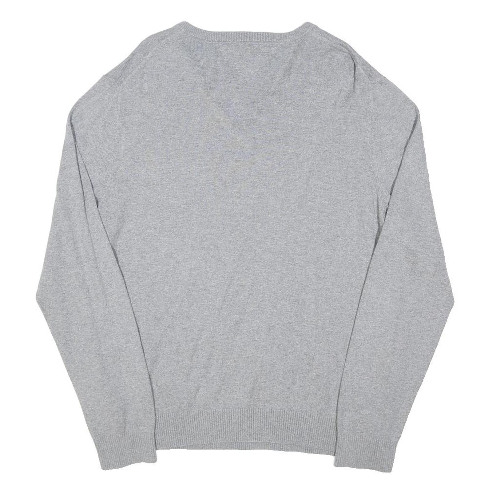 TOMMY HILFIGER Mens Grey Plain V-Neck Basic Knit Jumper XL Cotton Blend Casual