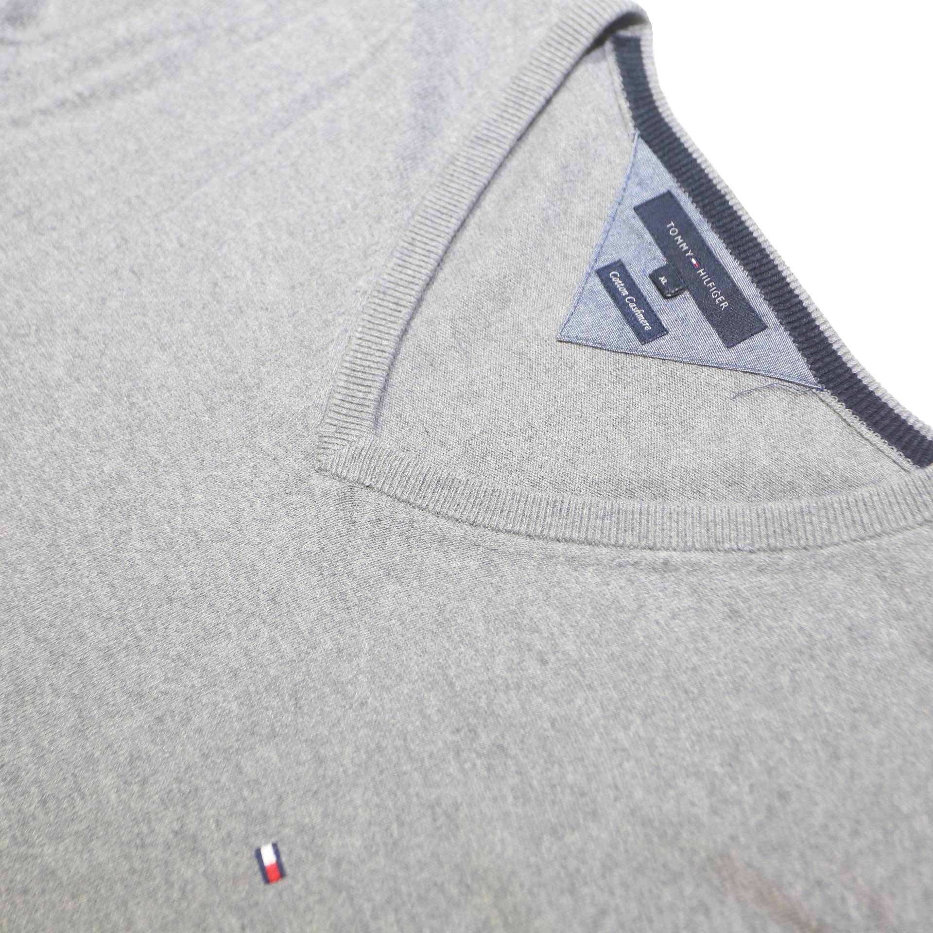 TOMMY HILFIGER Mens Grey Plain V-Neck Basic Knit Jumper XL Cotton Blend Casual