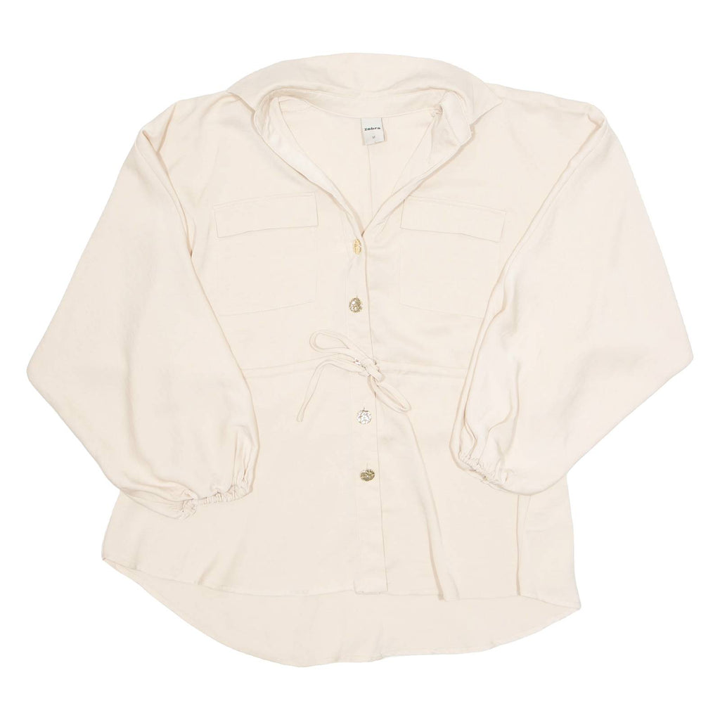 ZEBRA Elasticated Adjustable Waist Womens Blouse Beige Collared Long Sleeve M
