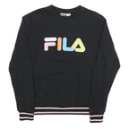 FILA Womens Black Cotton Blend Sweatshirt M Crew Neck Colourful Logo Casual