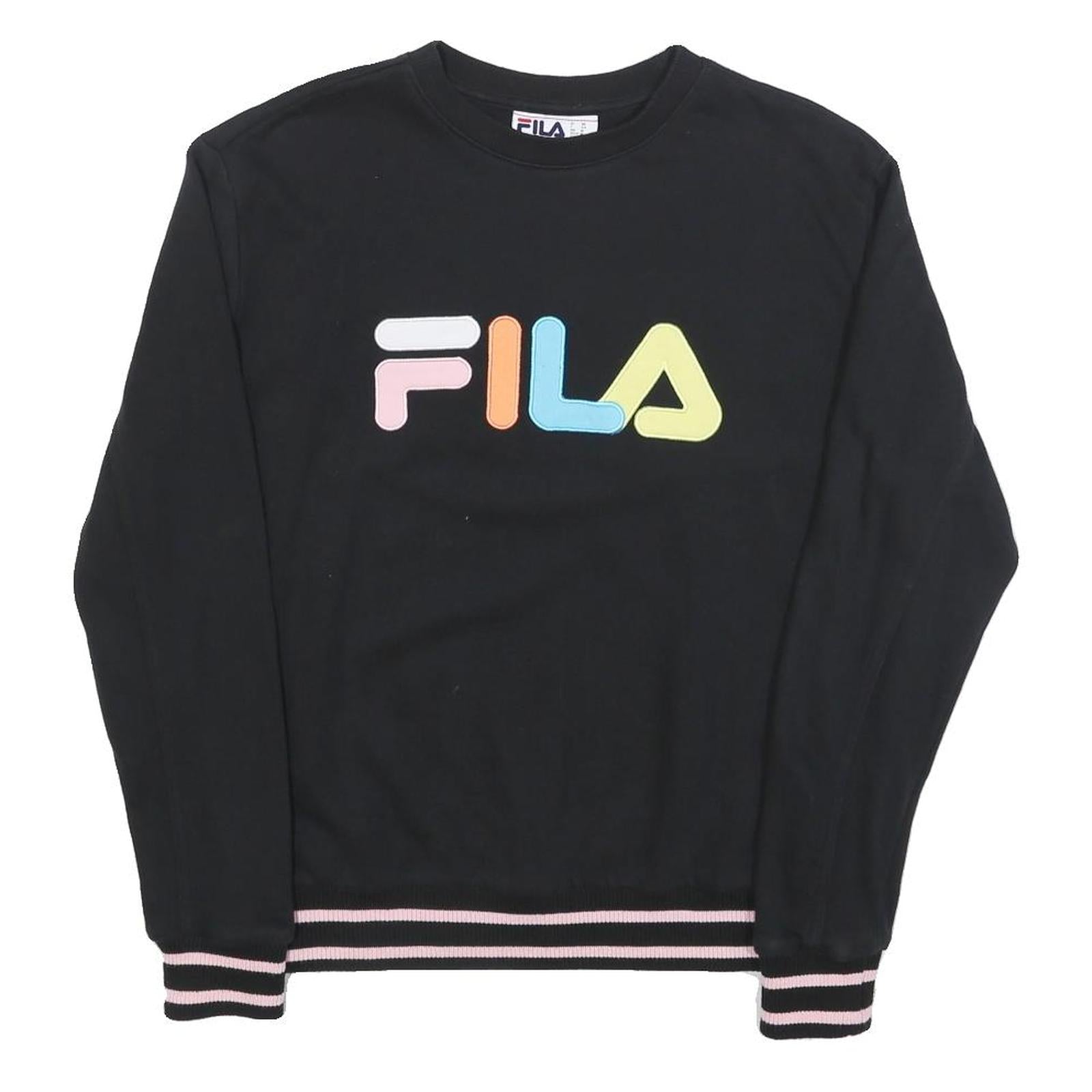 FILA Womens Black Cotton Blend Sweatshirt M Crew Neck Colourful Logo Casual