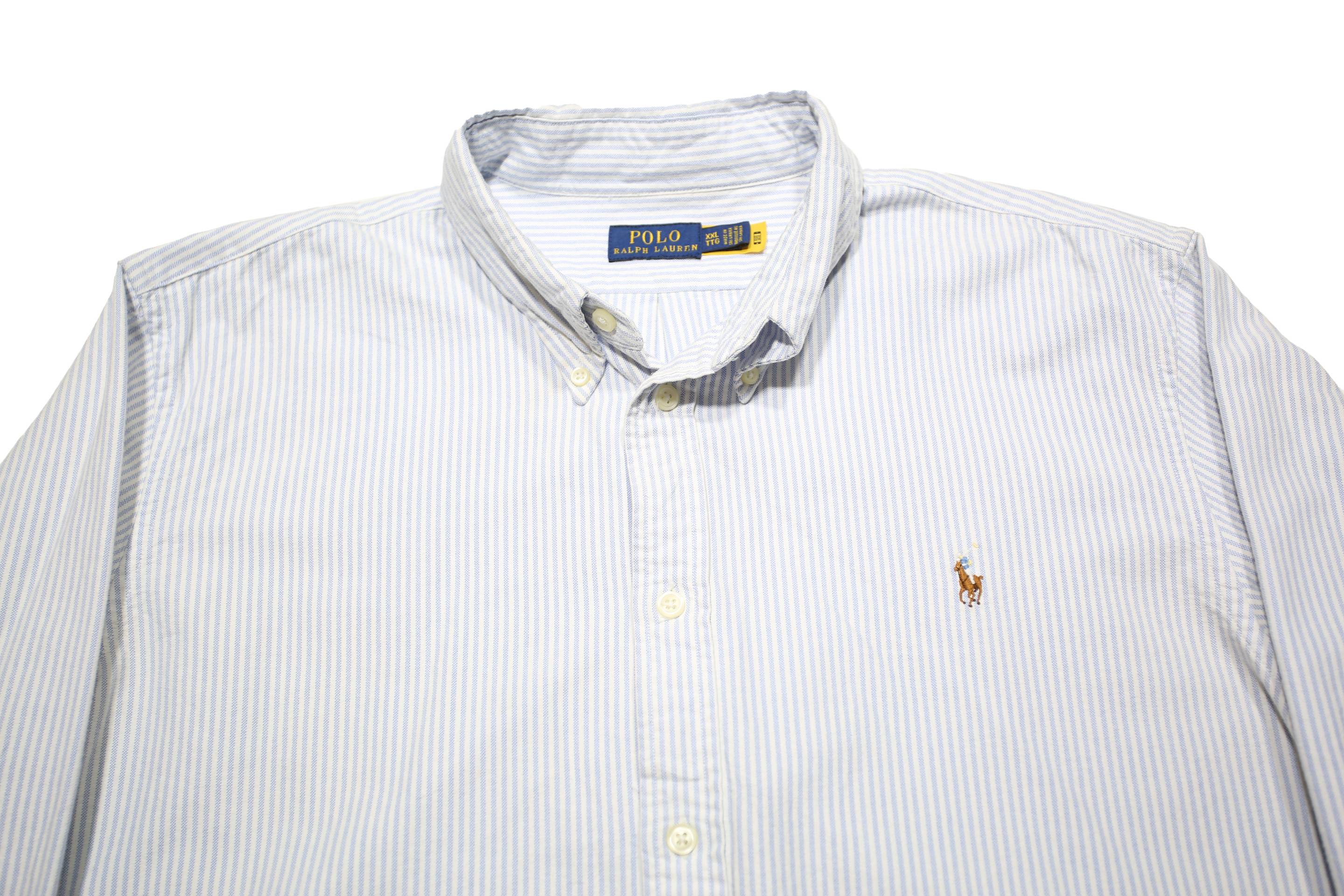 POLO RALPH LAUREN Mens White & Grey Striped Shirt 2XL Cotton Button Down Collar