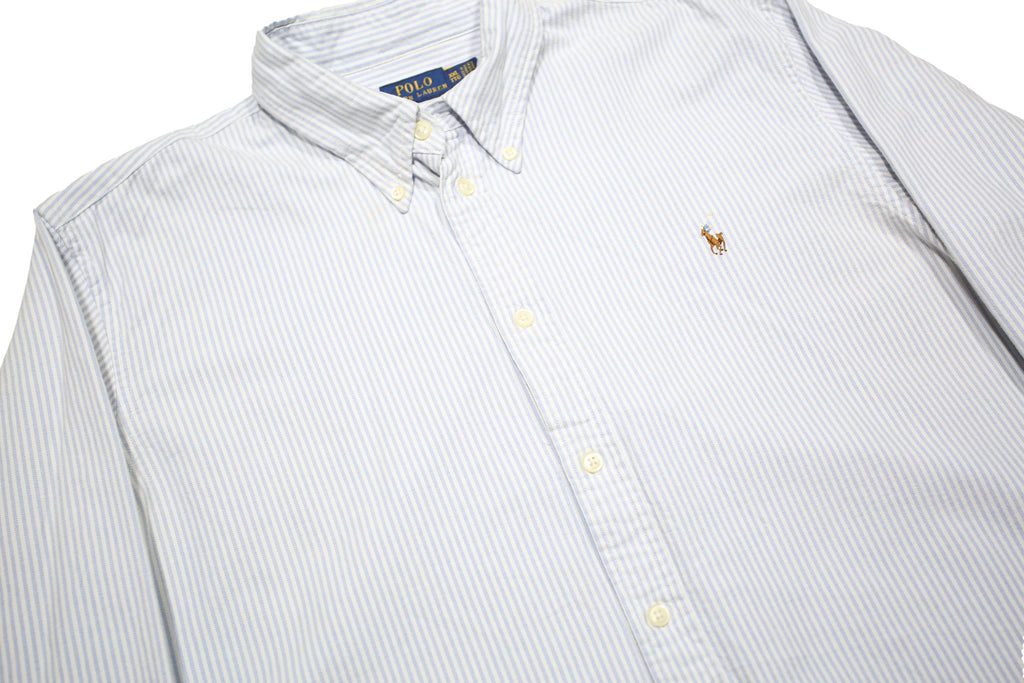 POLO RALPH LAUREN Mens White & Grey Striped Shirt 2XL Cotton Button Down Collar