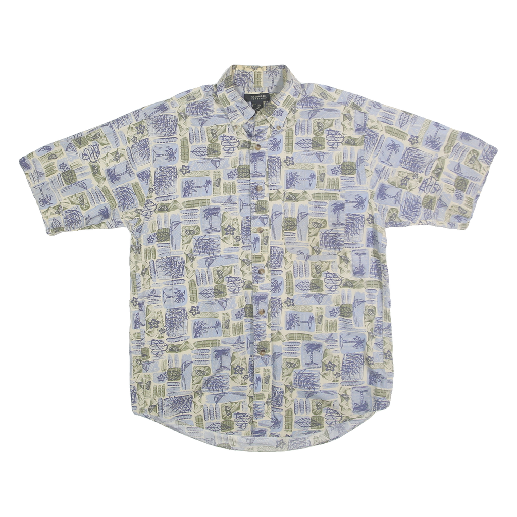 CAMBRIDGE CLASSICS Mens Cream & Blue Patterned Shirt Cotton M Short Sleeve
