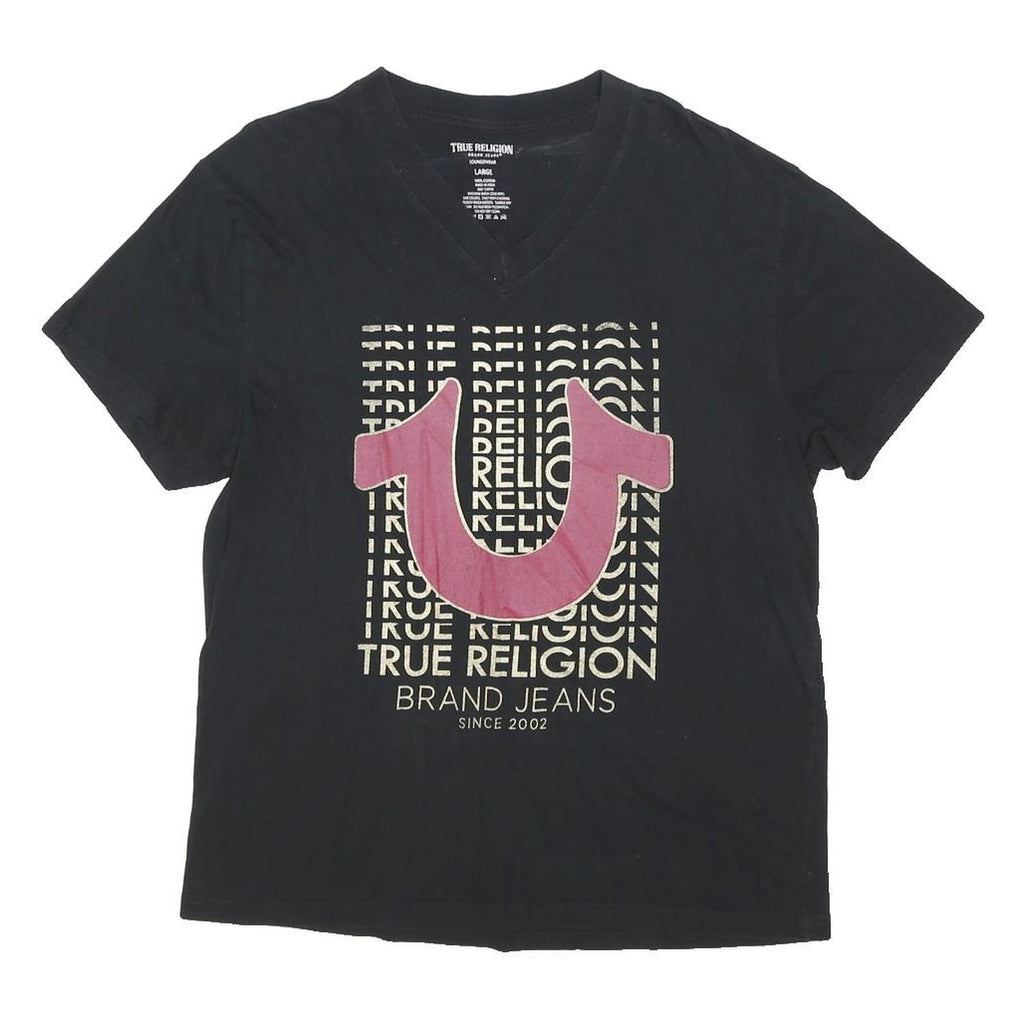 TRUE RELIGION Mens Black Graphic T-Shirt L Short Sleeve V-Neck Cotton Blend