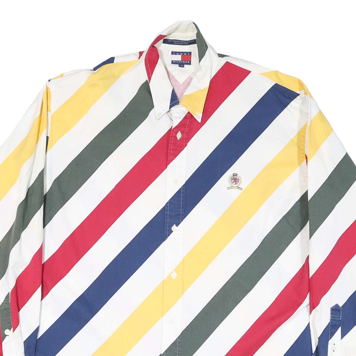TOMMY HILFIGER Mens White Green Red Yellow Striped Shirt XL Button-Down Collar