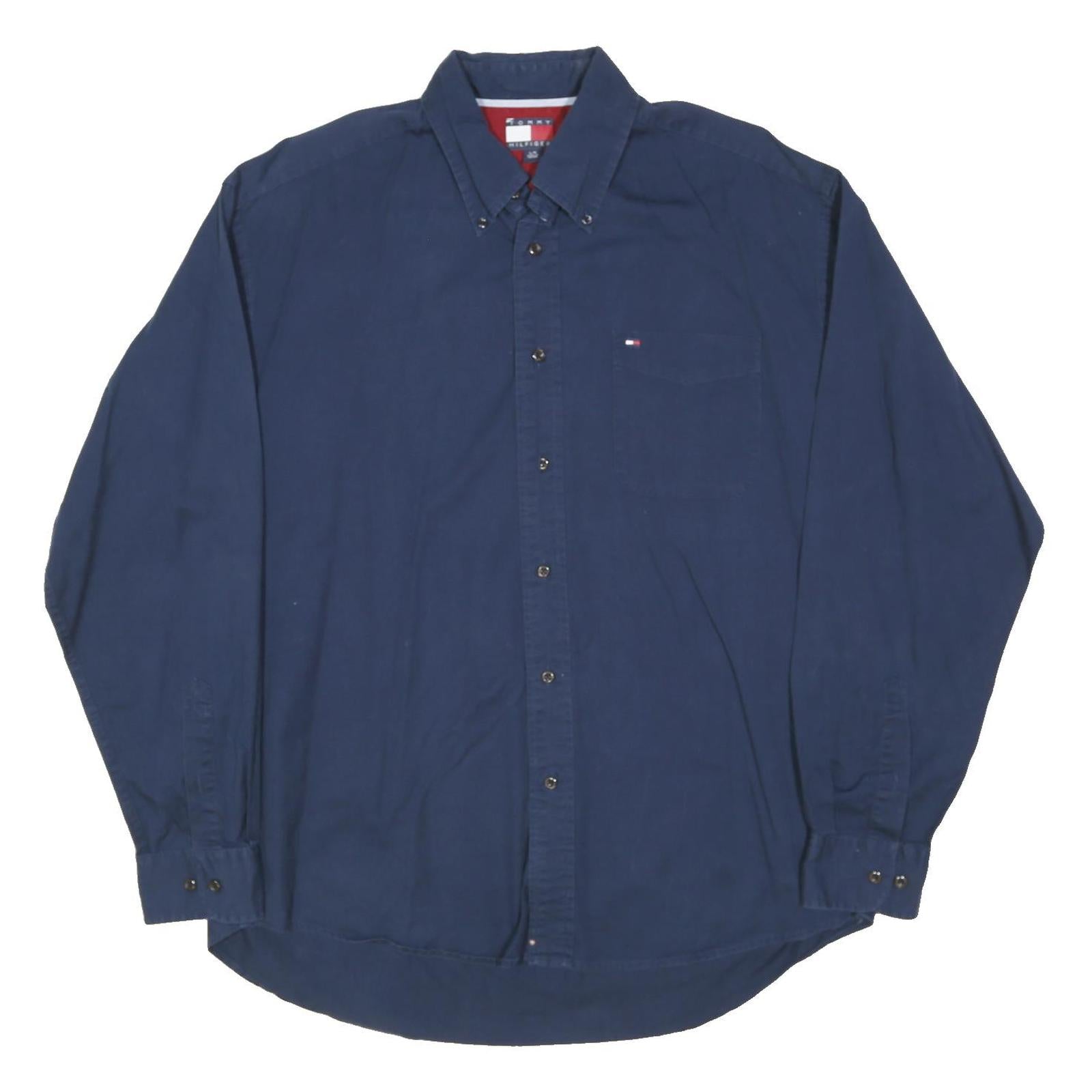 TOMMY HILFIGER Mens Blue L Cotton Blend Button Down Shirt Casual Classic