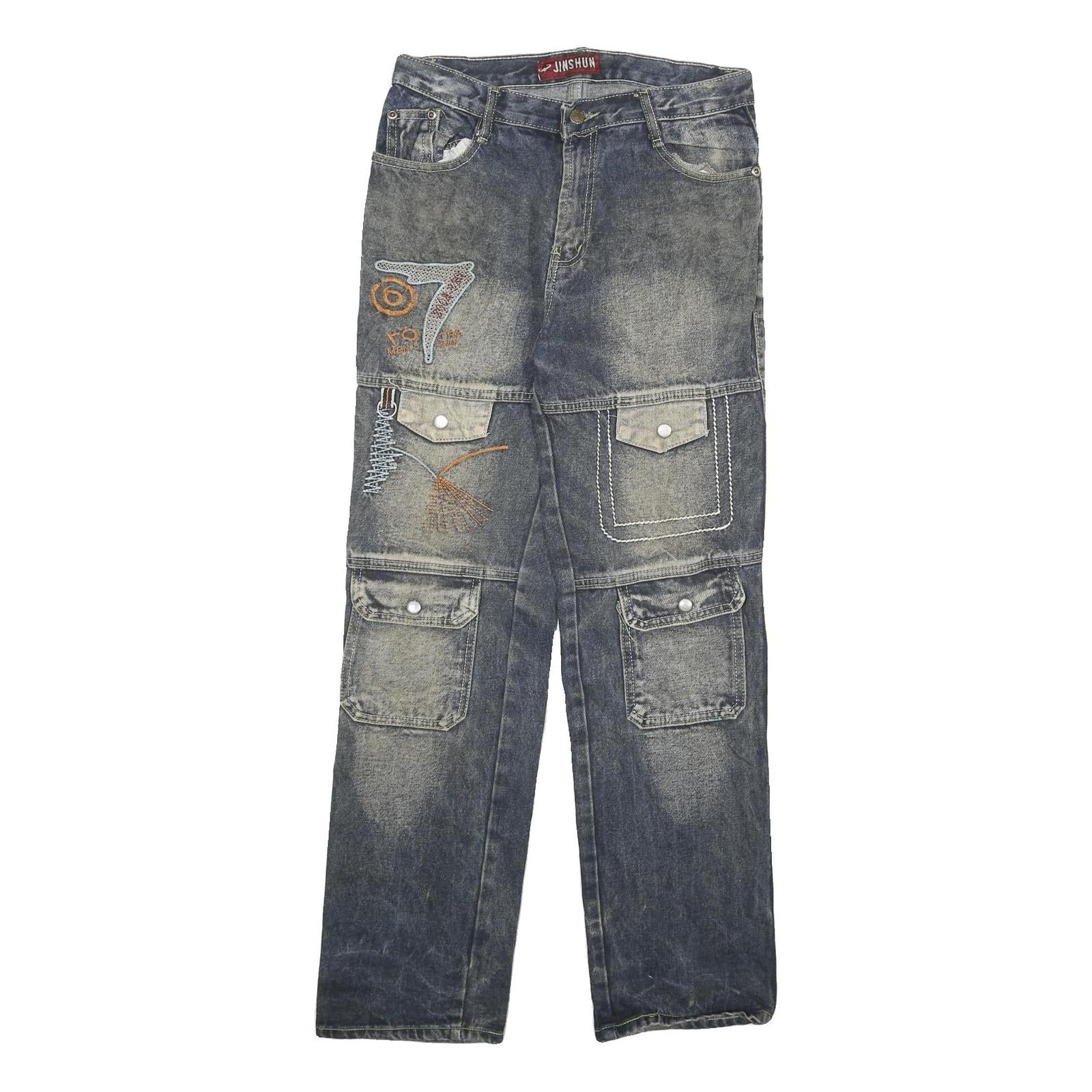 JIN SHUN Mens Jeans Blue Regular Cargo Denim Medium W28 L29 Embroidered Pockets