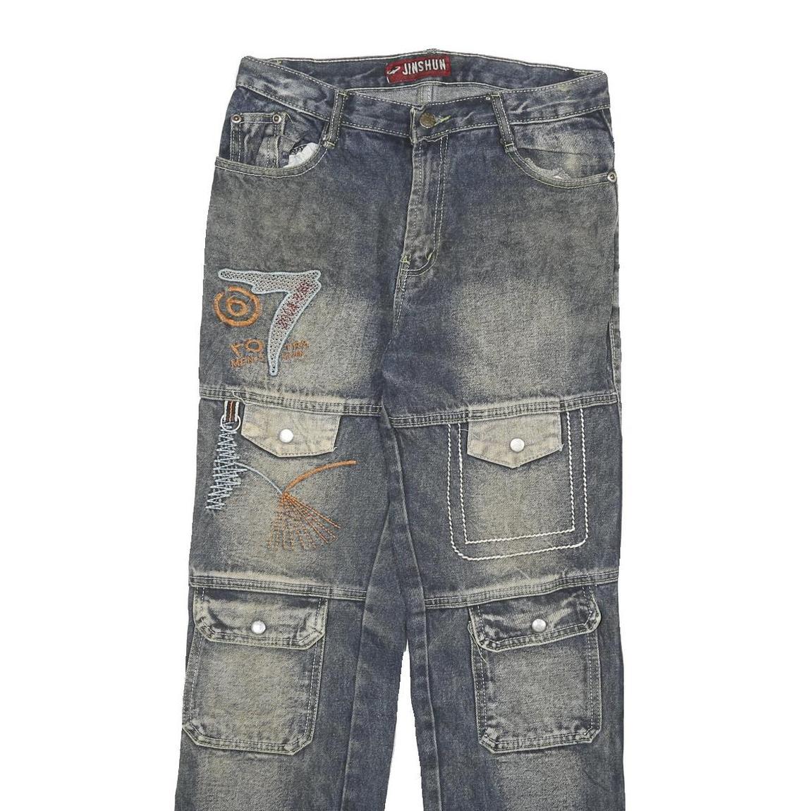 JIN SHUN Mens Jeans Blue Regular Cargo Denim Medium W28 L29 Embroidered Pockets