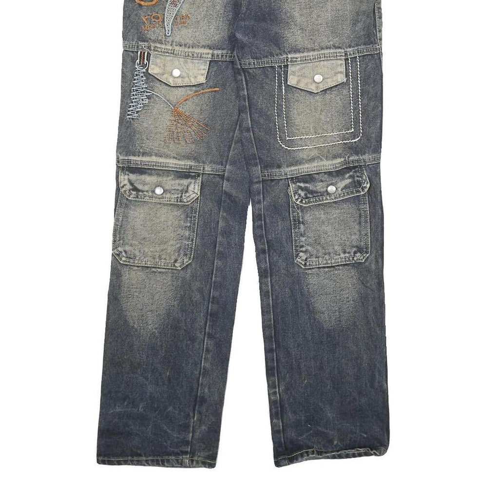 JIN SHUN Mens Jeans Blue Regular Cargo Denim Medium W28 L29 Embroidered Pockets