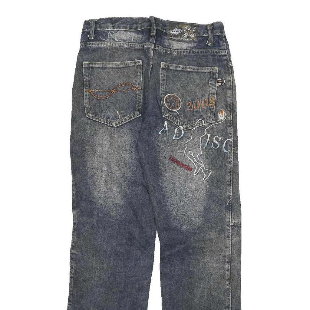 JIN SHUN Mens Jeans Blue Regular Cargo Denim Medium W28 L29 Embroidered Pockets