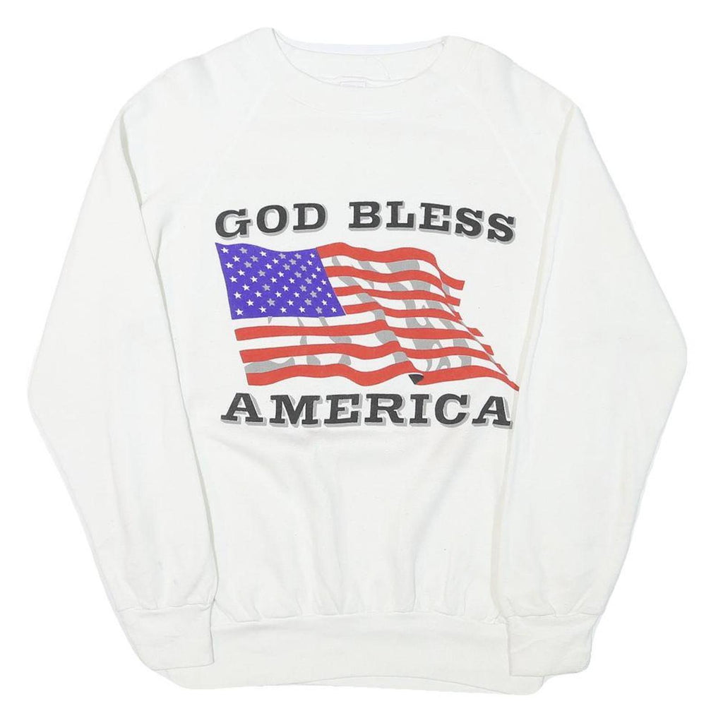 Mens White Crew Neck Sweatshirt God Bless America Graphic Cotton Blend L