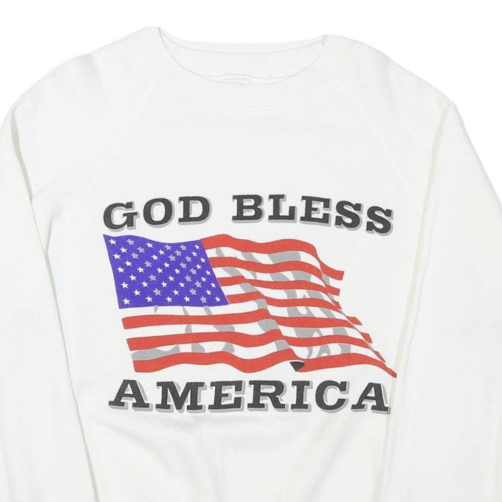 Mens White Crew Neck Sweatshirt God Bless America Graphic Cotton Blend L