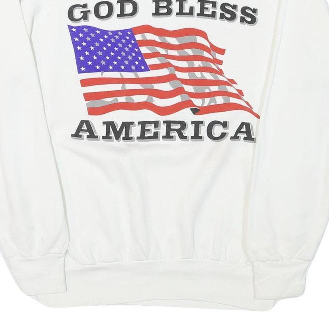 Mens White Crew Neck Sweatshirt God Bless America Graphic Cotton Blend L