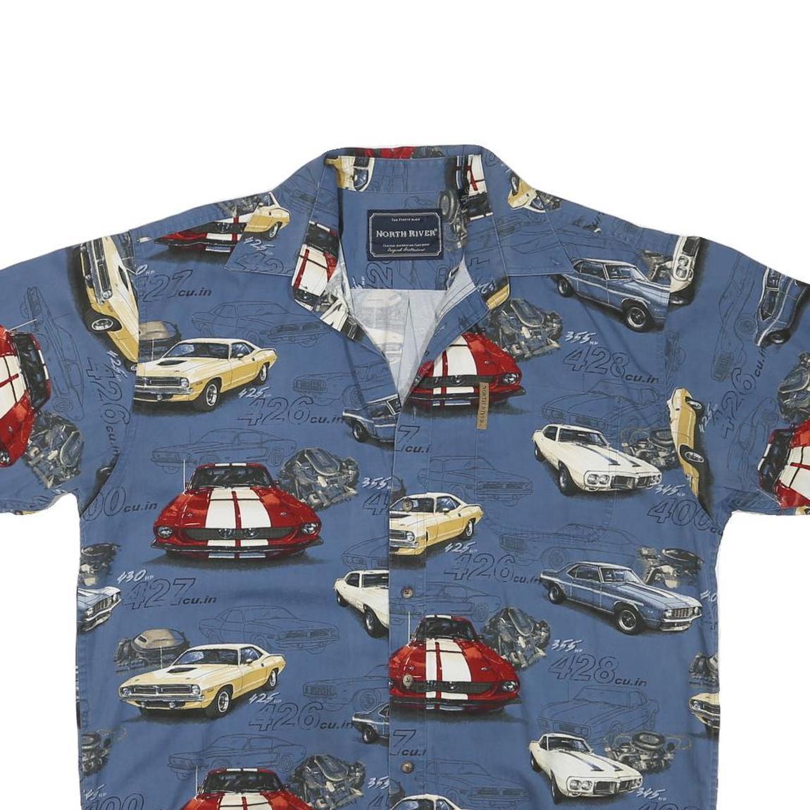 NORTH RIVER Mens Blue Classic Car Print Shirt L Vintage Cotton Blend Casual