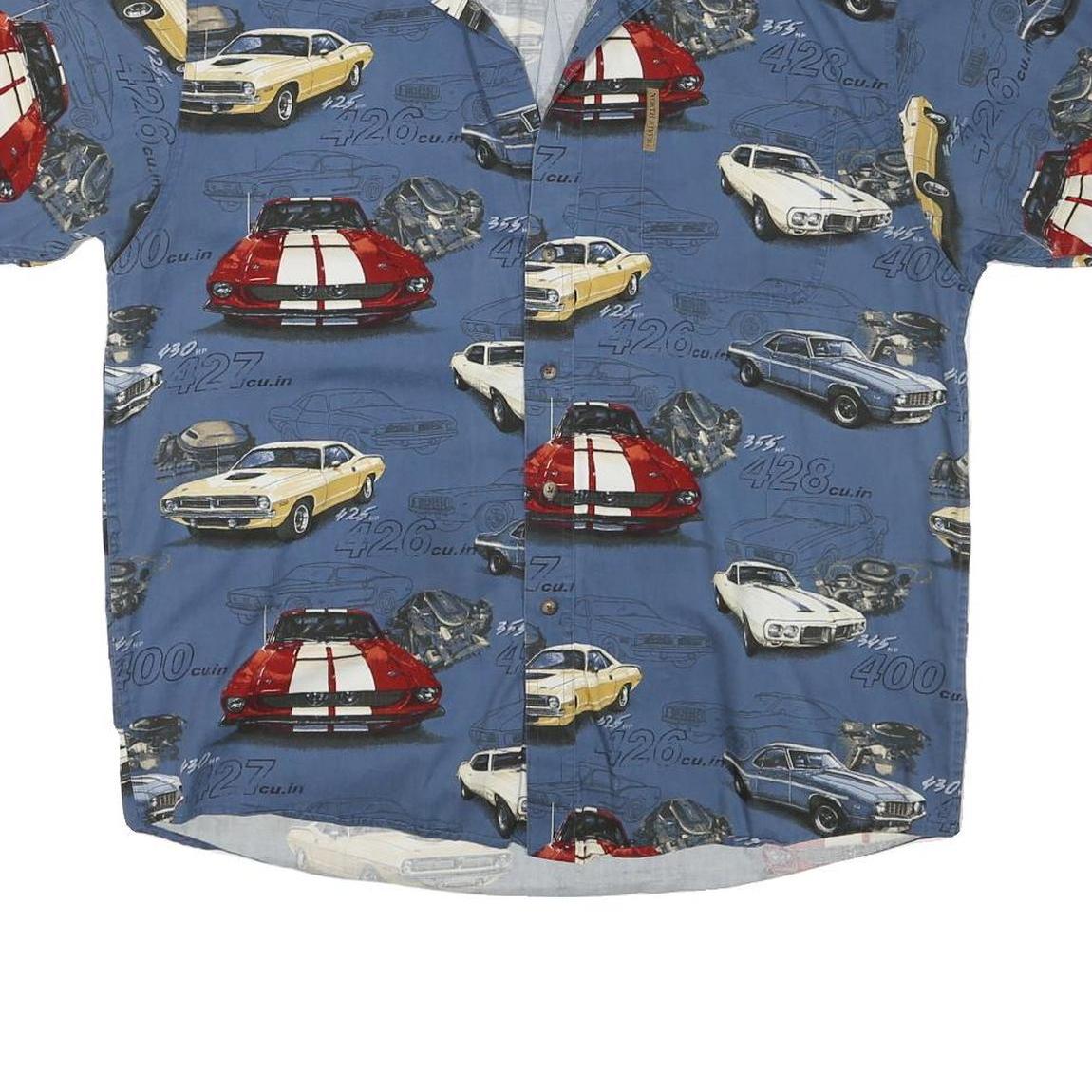 NORTH RIVER Mens Blue Classic Car Print Shirt L Vintage Cotton Blend Casual