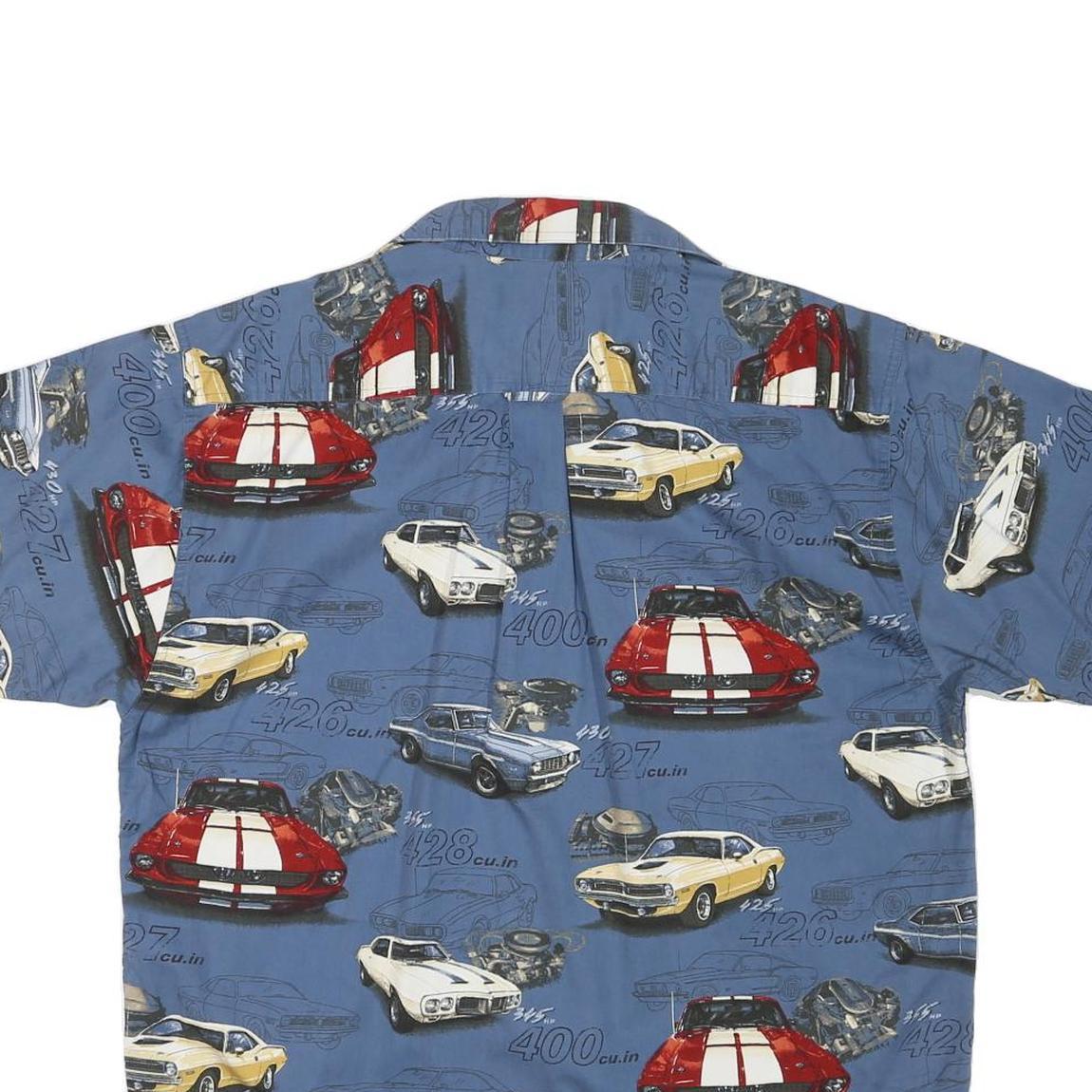 NORTH RIVER Mens Blue Classic Car Print Shirt L Vintage Cotton Blend Casual