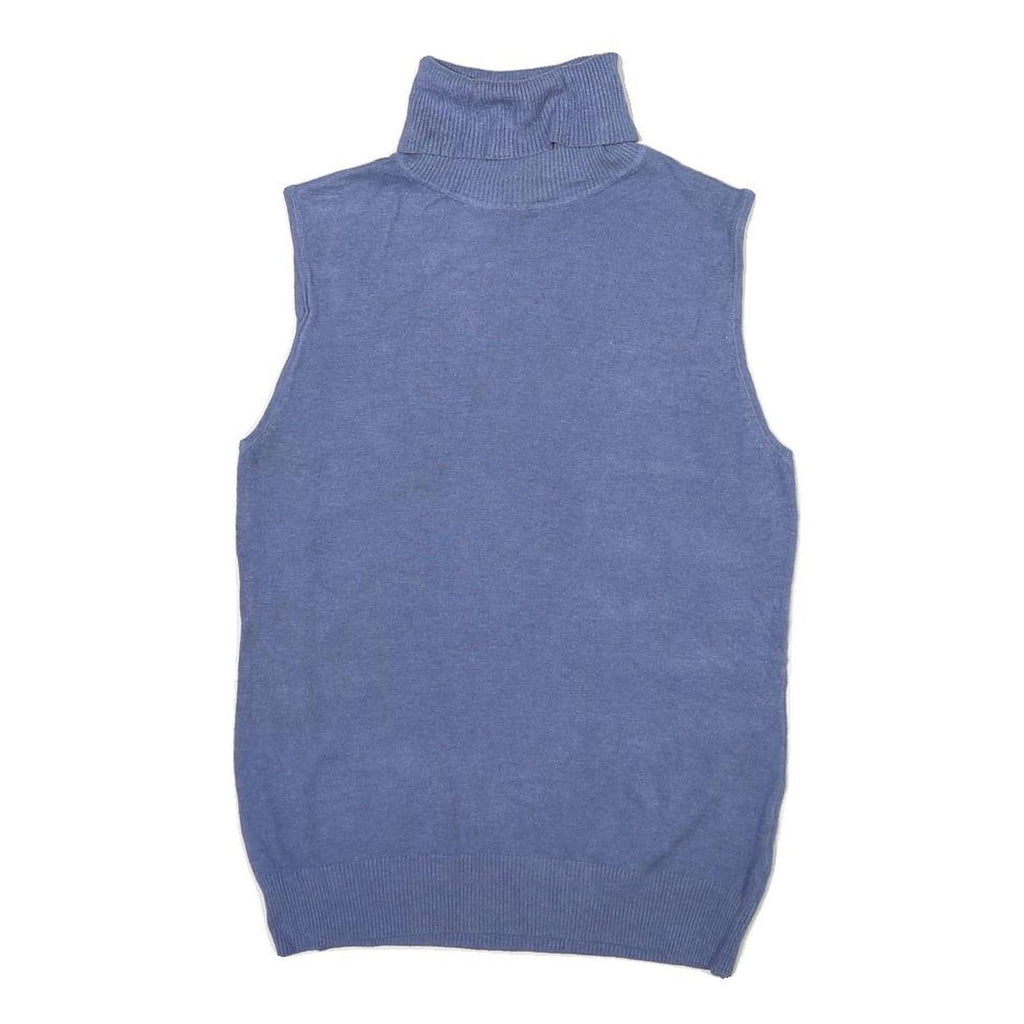 BASIC Womens Blue Plain Sleeveless Roll Neck Cotton Blend Jumper M Soft Knit