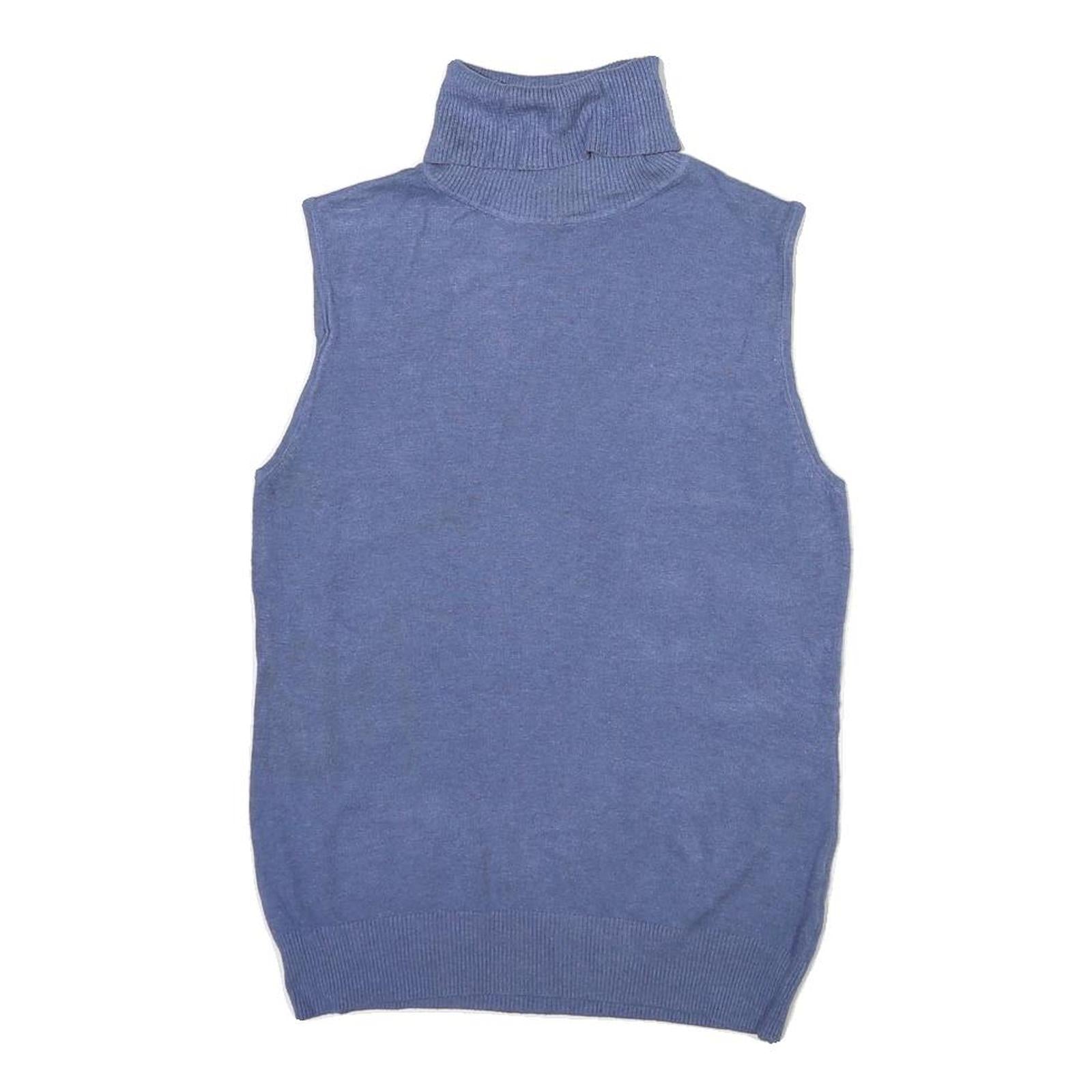 BASIC Womens Blue Plain Sleeveless Roll Neck Cotton Blend Jumper M Soft Knit