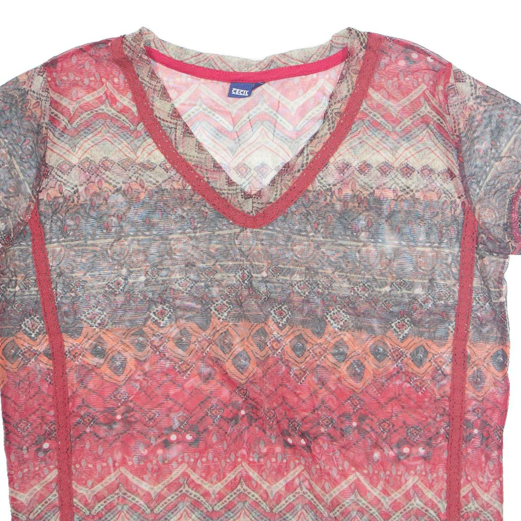 CECIL Sheer Womens Printed Top Red V-Neck Crazy Pattern M