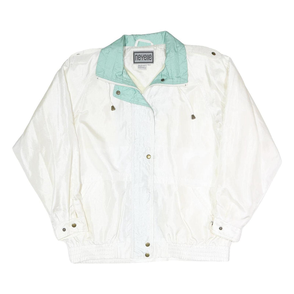 NEYELLE Womens White & Aqua Zip Jacket L Polyester Blend Lightweight Casual