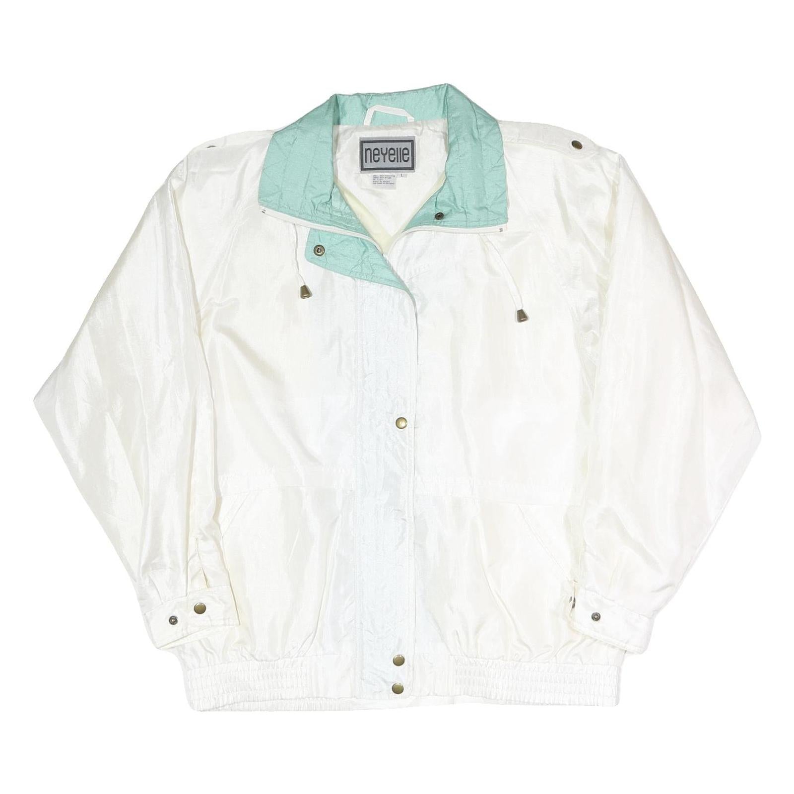 NEYELLE Womens White & Aqua Zip Jacket L Polyester Blend Lightweight Casual
