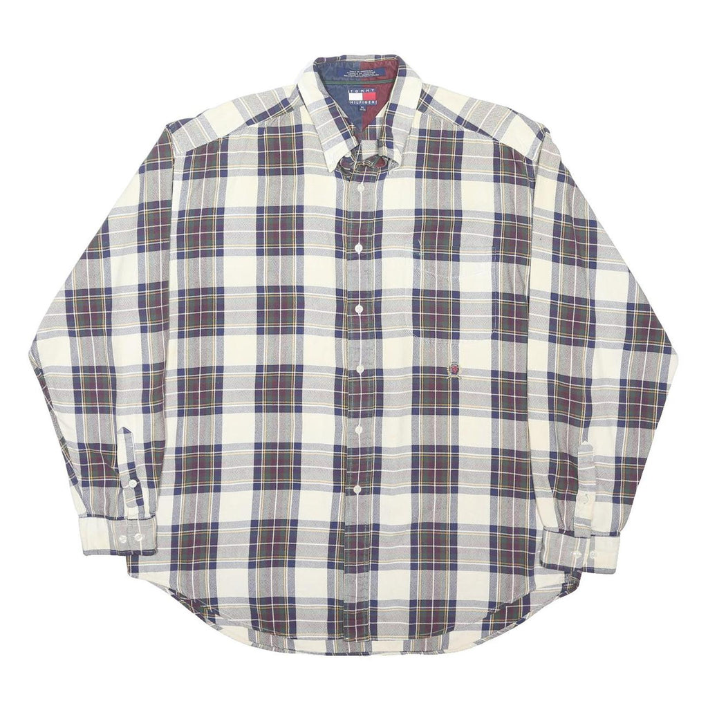 TOMMY HILFIGER Mens White & Blue Check Shirt XL Classic Cotton Button Down