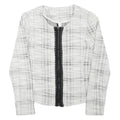 Womens White & Grey Check Cotton Blend Jacket S Woven Zip Closure Stylish
