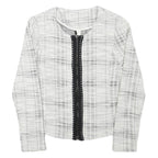 Womens White & Grey Check Cotton Blend Jacket S Woven Zip Closure Stylish