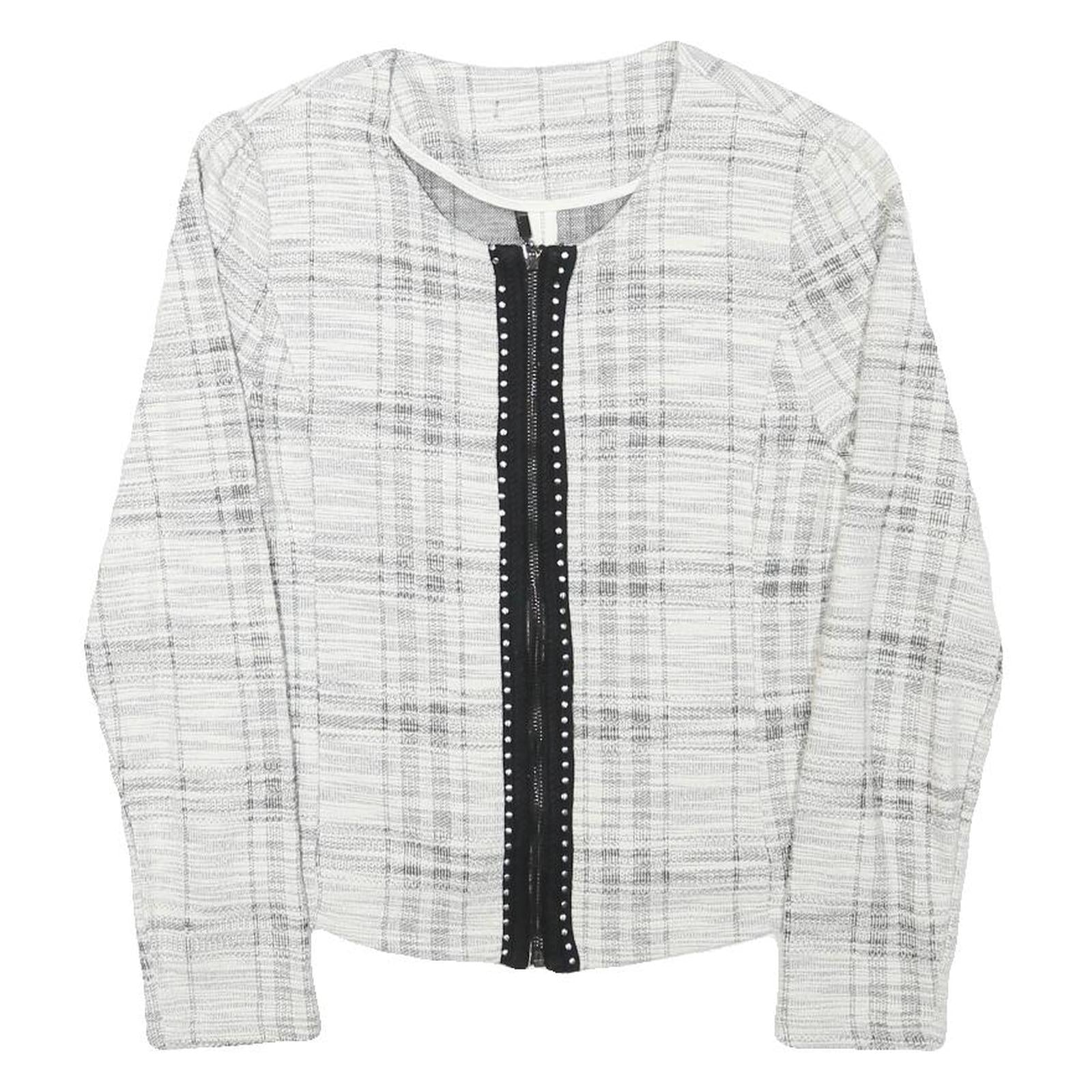 Womens White & Grey Check Cotton Blend Jacket S Woven Zip Closure Stylish