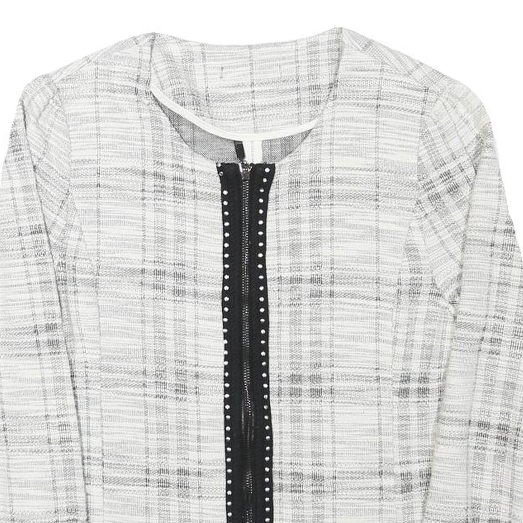 Womens White & Grey Check Cotton Blend Jacket S Woven Zip Closure Stylish