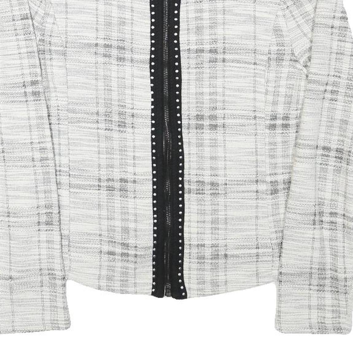 Womens White & Grey Check Cotton Blend Jacket S Woven Zip Closure Stylish
