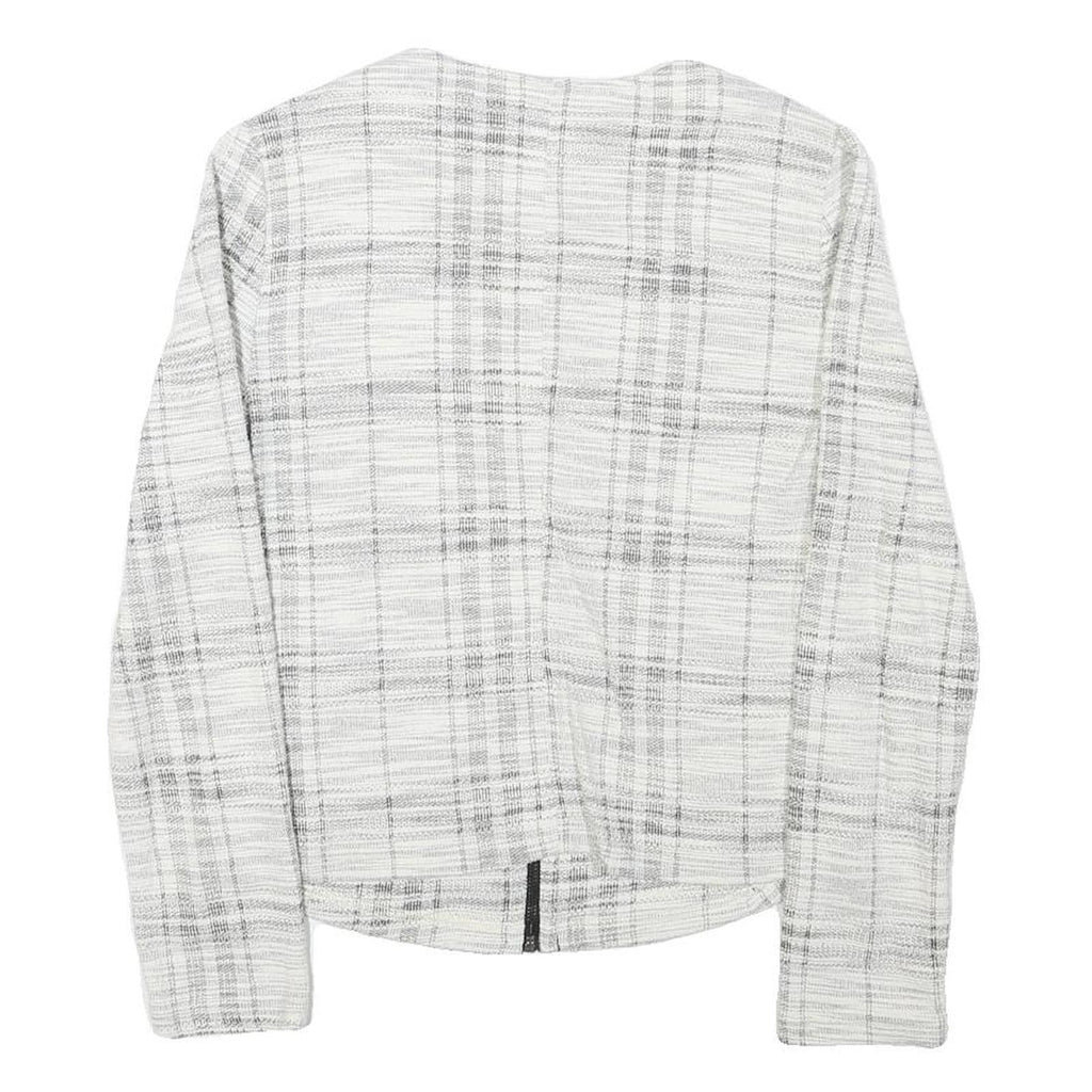 Womens White & Grey Check Cotton Blend Jacket S Woven Zip Closure Stylish