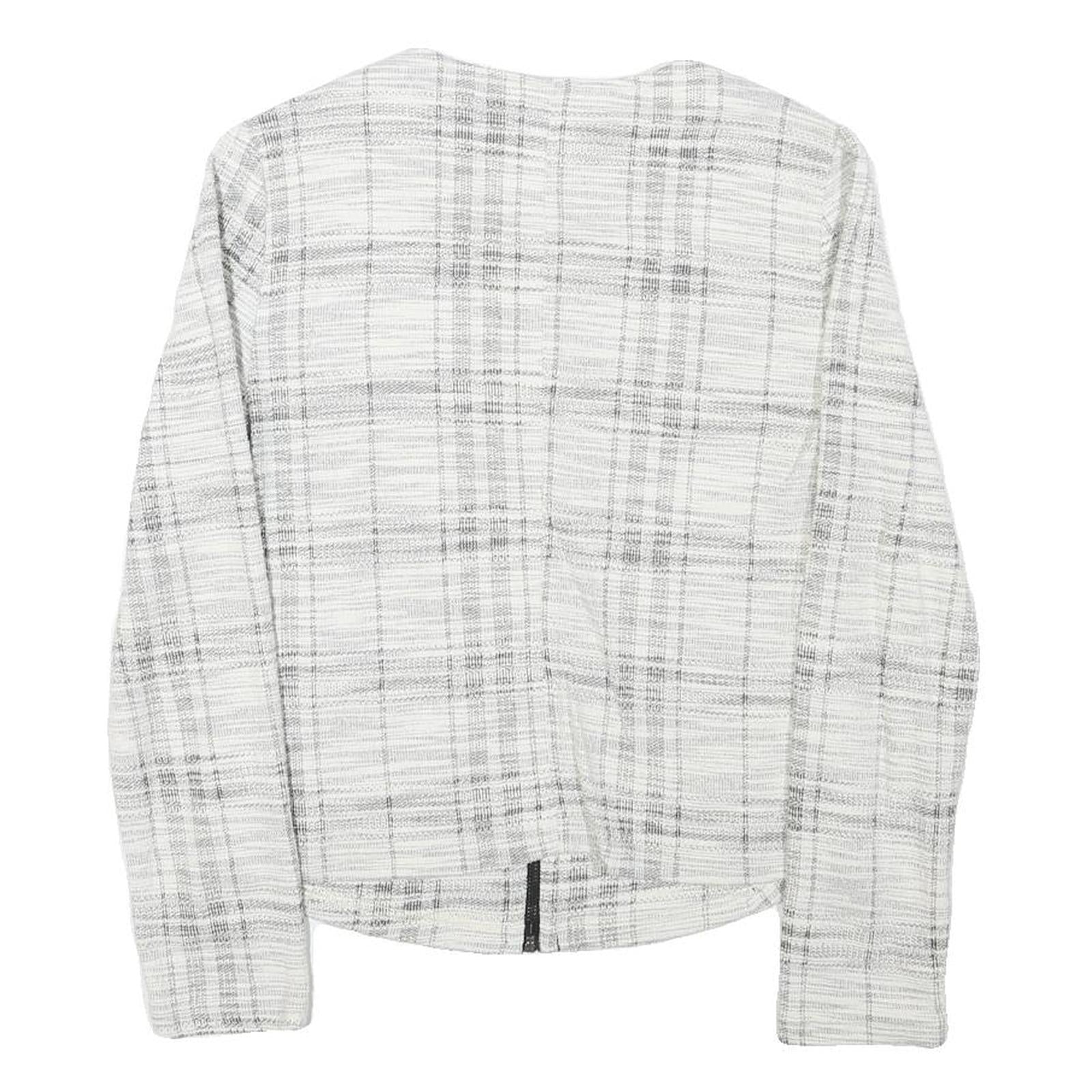 Womens White & Grey Check Cotton Blend Jacket S Woven Zip Closure Stylish