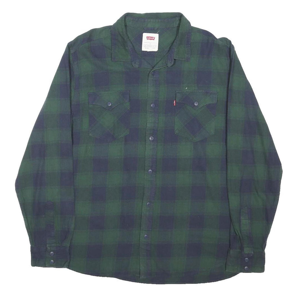 LEVI'S Mens Green Navy Check Shirt L Cotton Blend Casual Long Sleeve Button