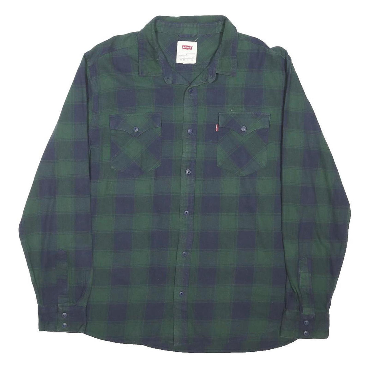 LEVI'S Mens Green Navy Check Shirt L Cotton Blend Casual Long Sleeve Button