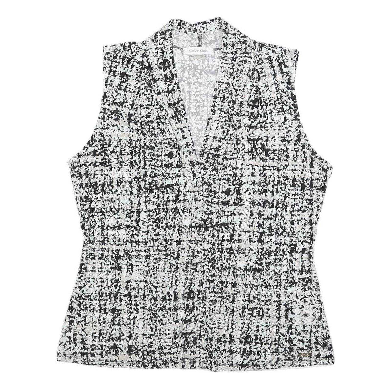 CALVIN KLEIN Womens Black & White Printed Sleeveless V-Neck Top M Elegant