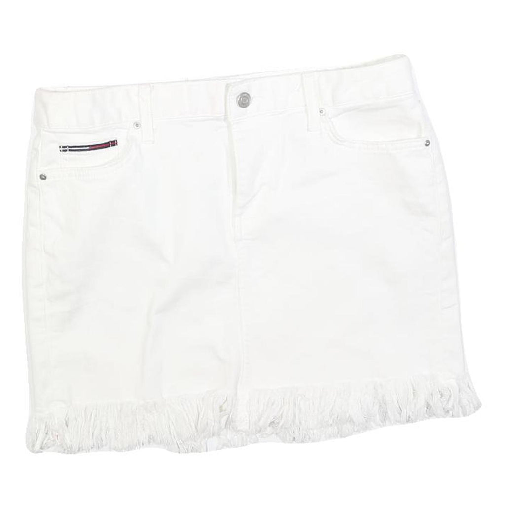TOMMY HILFIGER Womens White Cotton Blend Mini Skirt Fringed Hem M Casual Denim