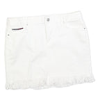 TOMMY HILFIGER Womens White Cotton Blend Mini Skirt Fringed Hem M Casual Denim