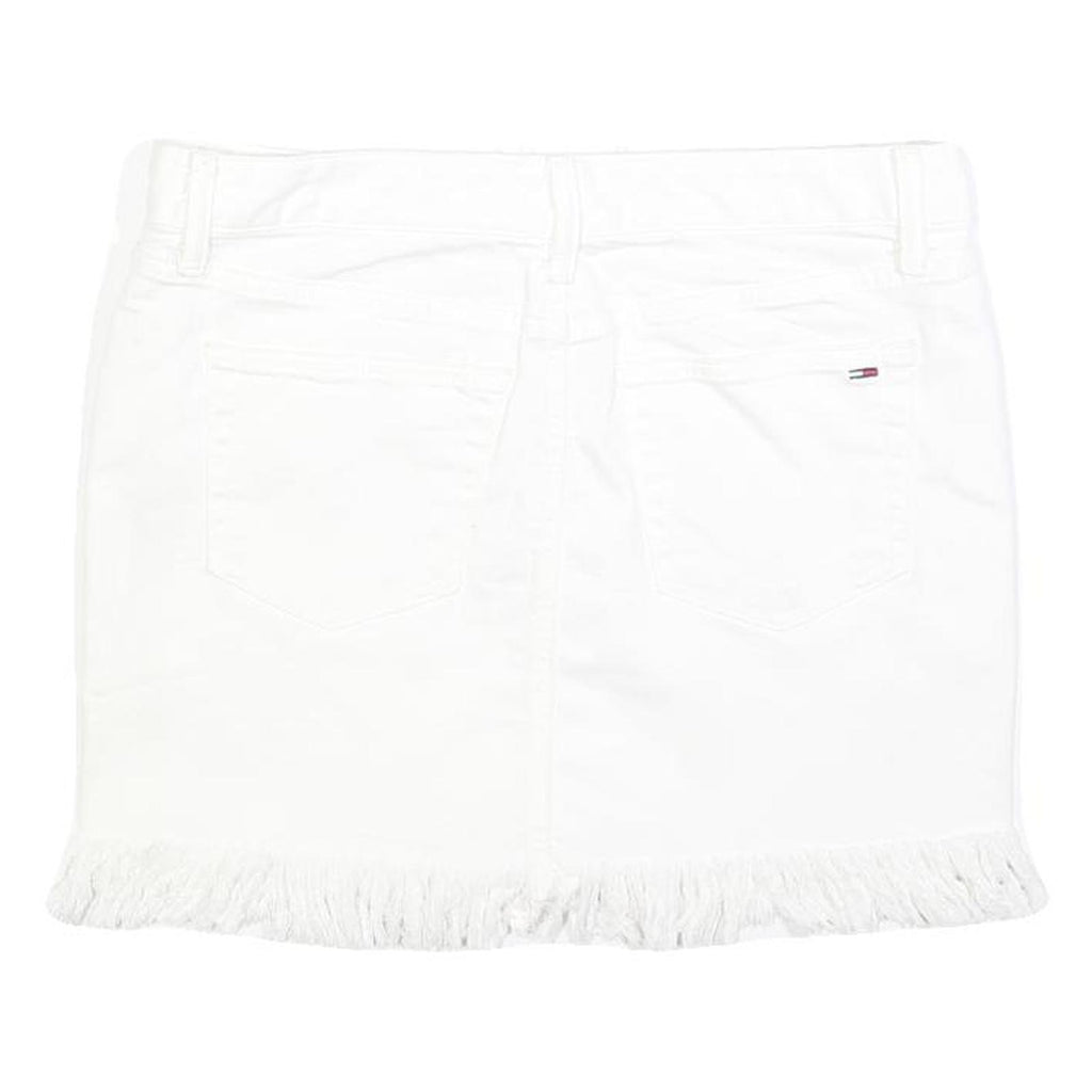 TOMMY HILFIGER Womens White Cotton Blend Mini Skirt Fringed Hem M Casual Denim