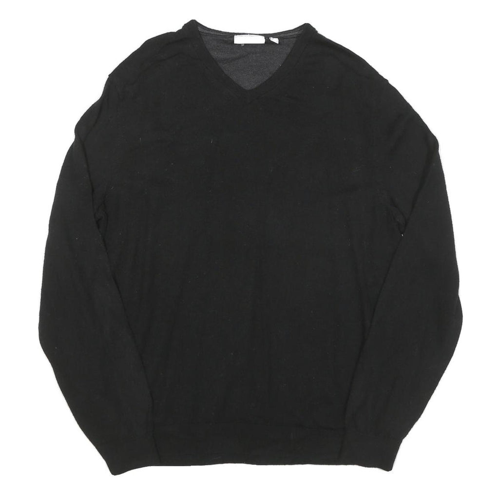 CALVIN KLEIN Mens Black Plain V Neck Basic Knit XL Wool Blend Jumper