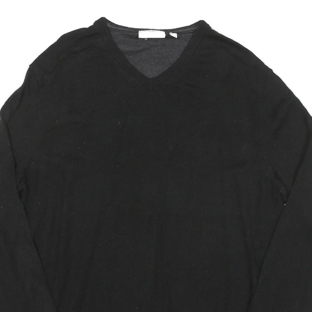 CALVIN KLEIN Mens Black Plain V Neck Basic Knit XL Wool Blend Jumper