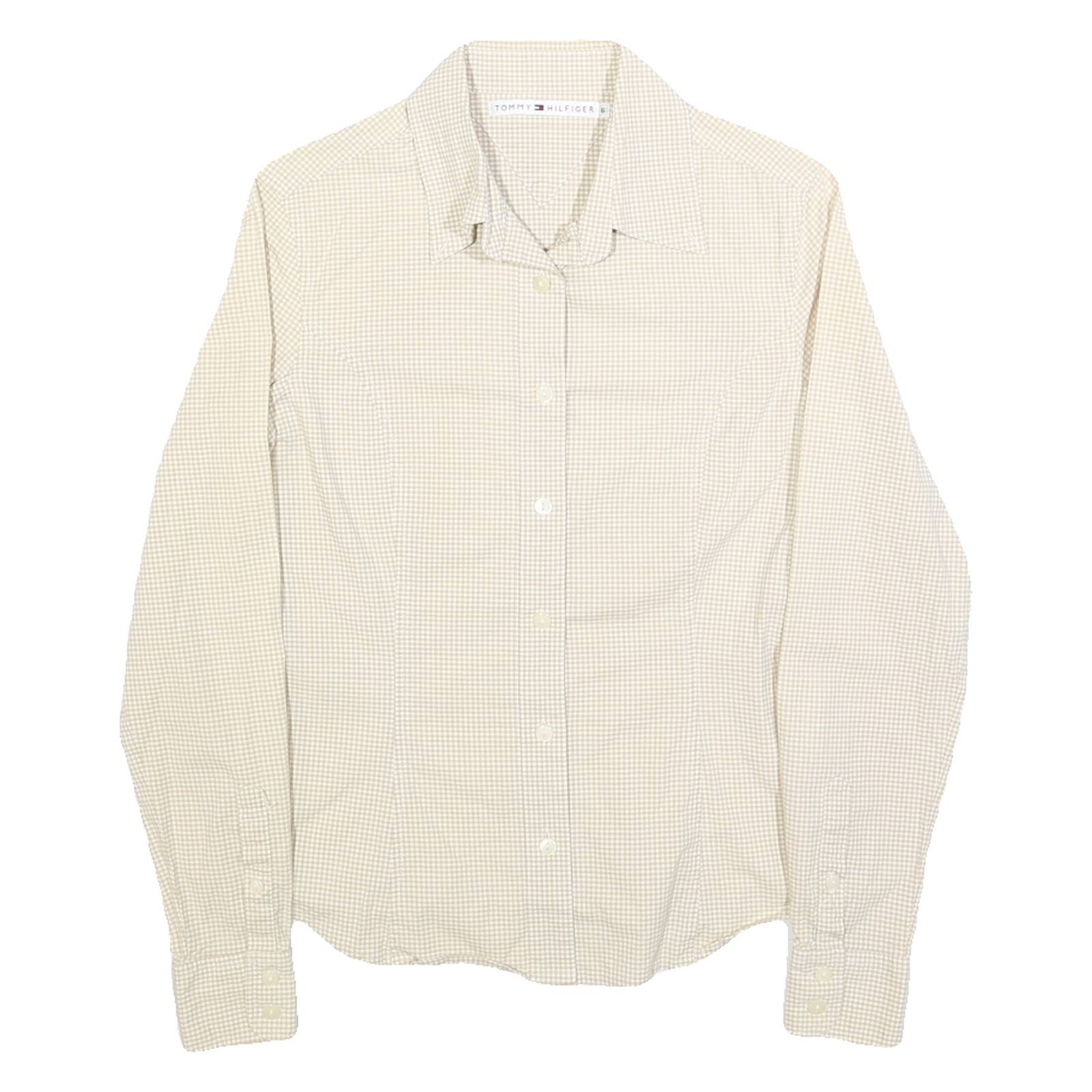 TOMMY HILFIGER Womens Beige Check Shirt UK 6 Classic Cotton Blend Long Sleeve