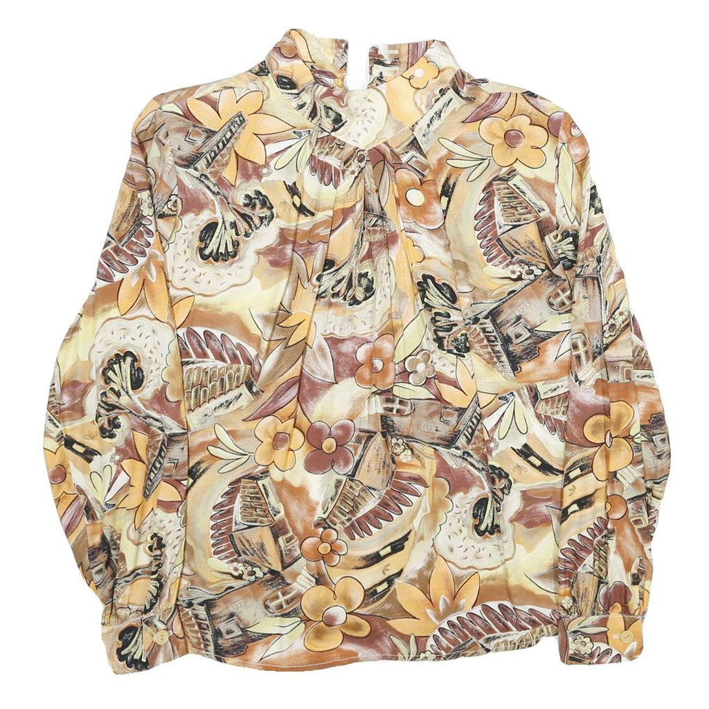 ANGELICA Womens Beige Printed Blouse Long Sleeve Button Neck M Floral Retro