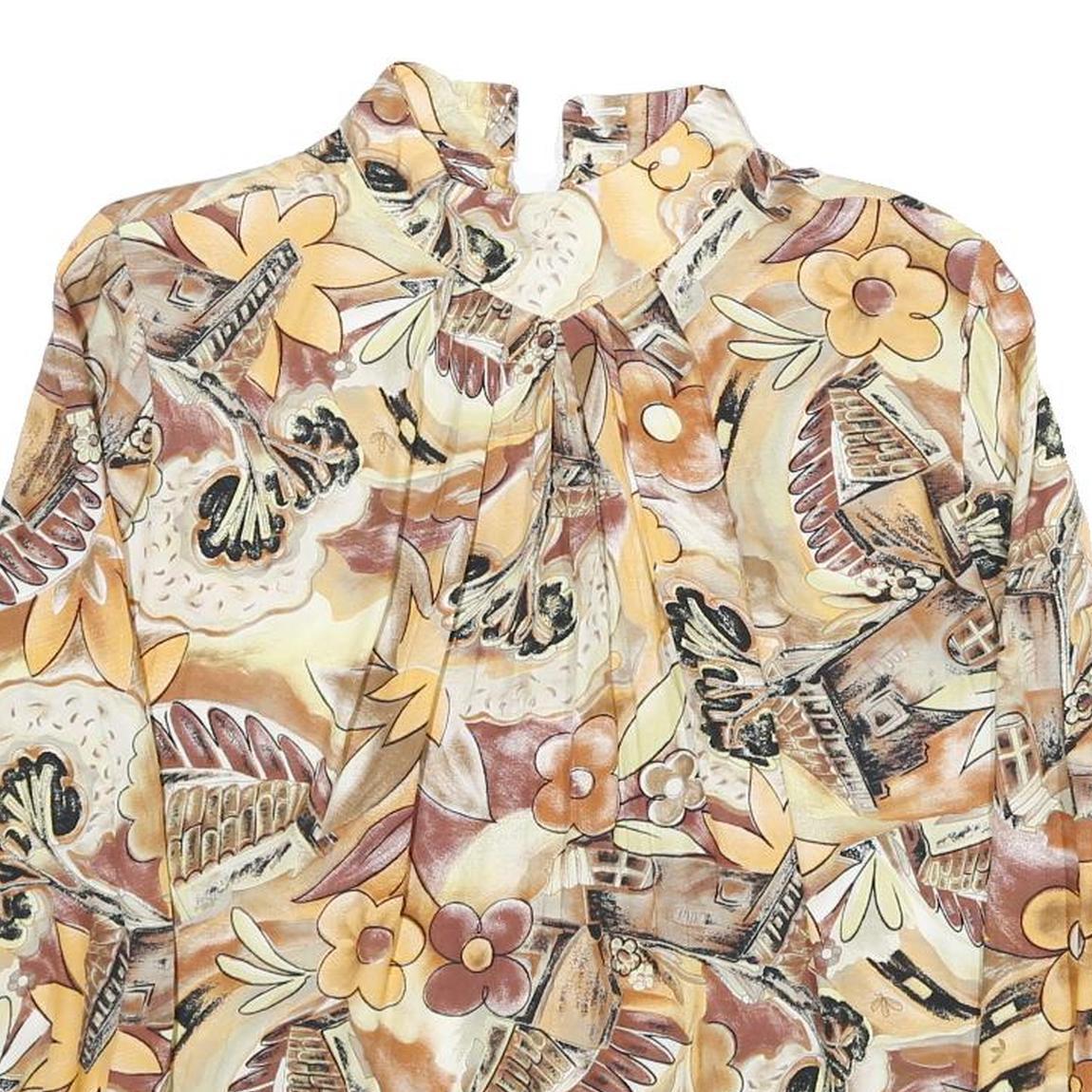 ANGELICA Womens Beige Printed Blouse Long Sleeve Button Neck M Floral Retro