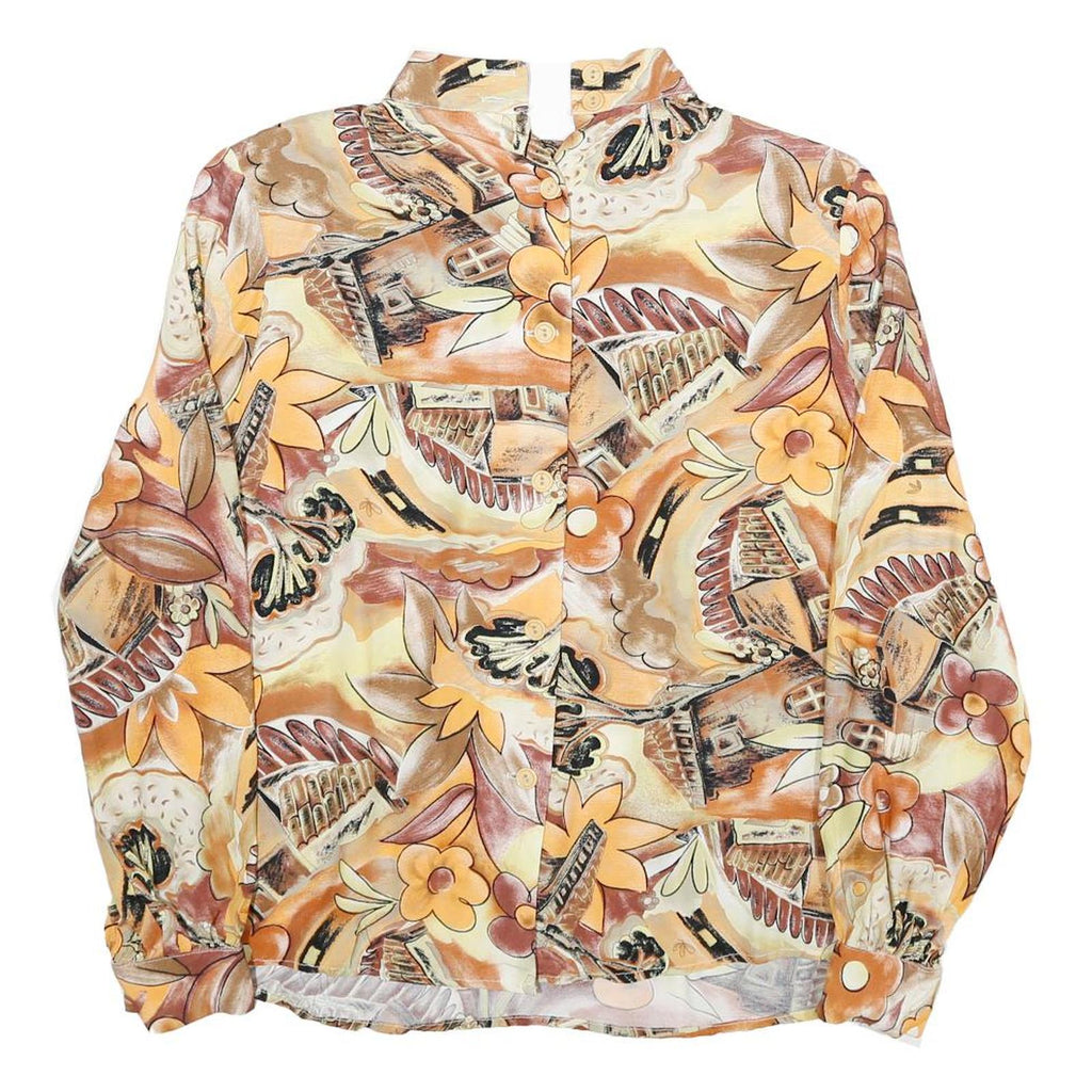 ANGELICA Womens Beige Printed Blouse Long Sleeve Button Neck M Floral Retro