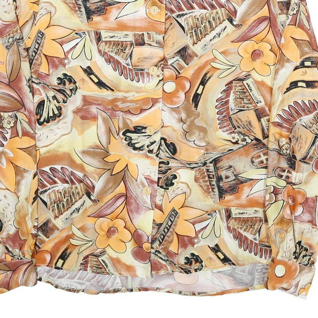 ANGELICA Womens Beige Printed Blouse Long Sleeve Button Neck M Floral Retro